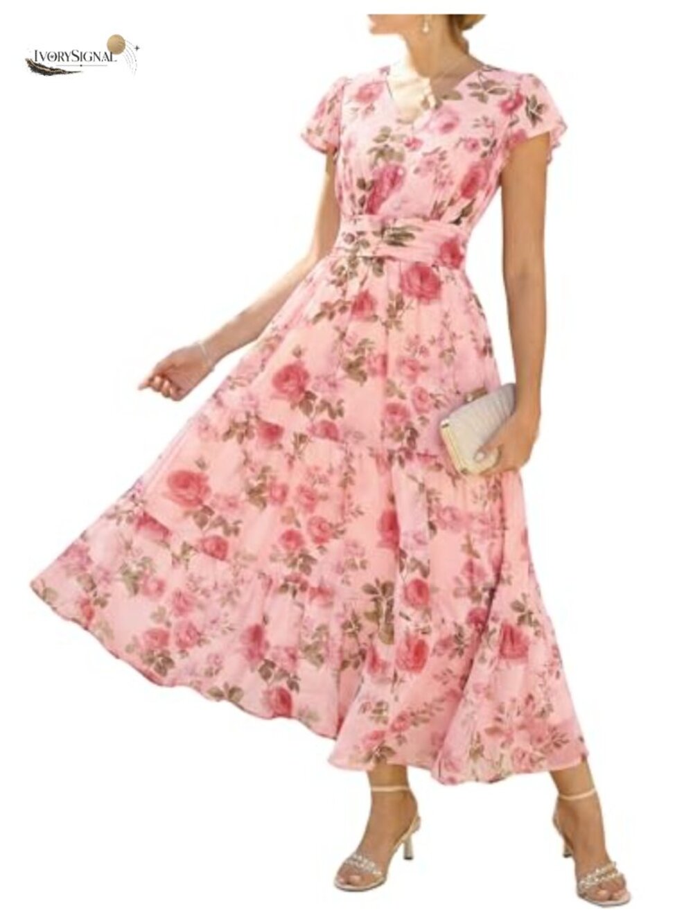 Women's Maxi Floral Dress V-Neck Flutter Sleeve Wedding Guest
